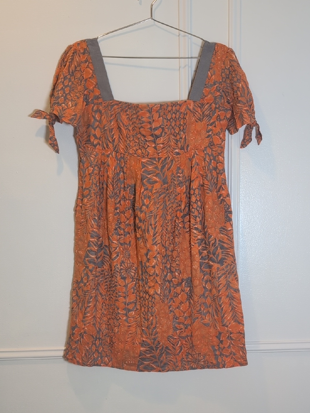 Adolfo Dominguez Orange Floral Square-Neck Mini Dress with Gray Trim